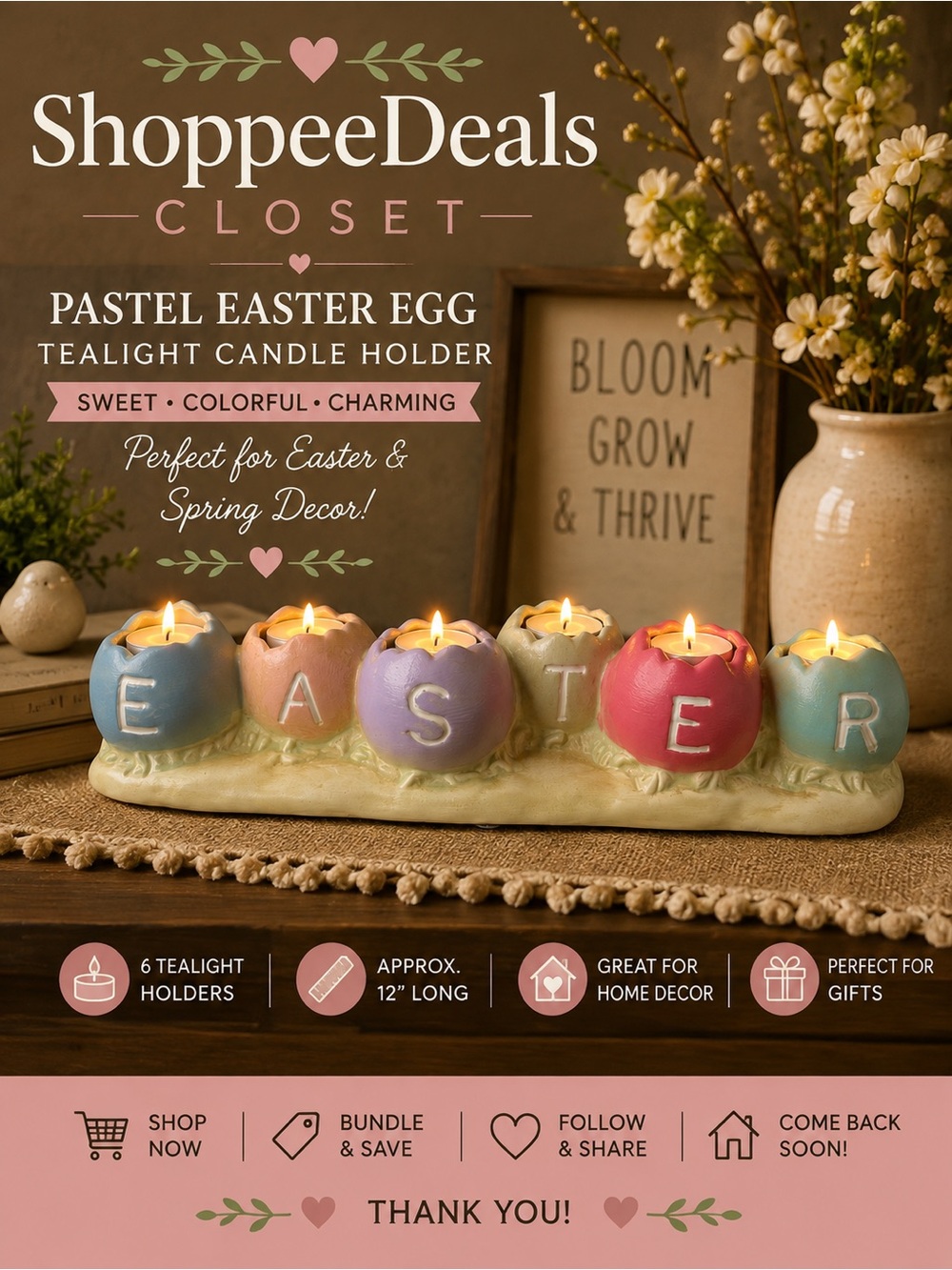 Pastel Easter Egg Tealight Candle Holder 6 Cups Spring Holiday Decor